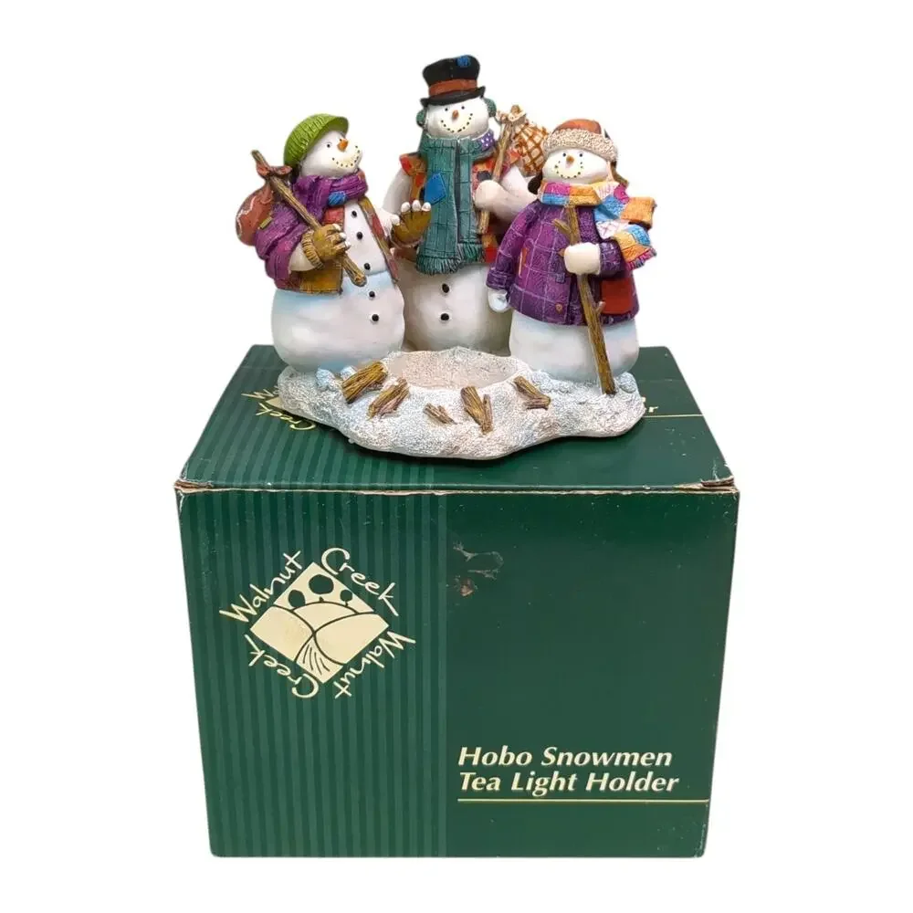 Walnut Creek VINTAGE Beautiful Hobo Snowman Tea Light Candle Holder in Box